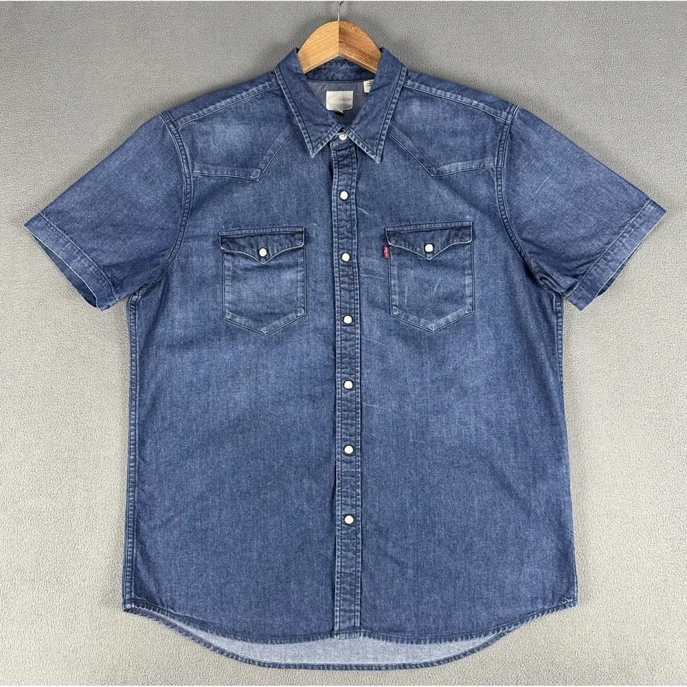Levis Pearl Snap Shirt Mens Large Blue Distressed Denim Western Cowboy Rodeo